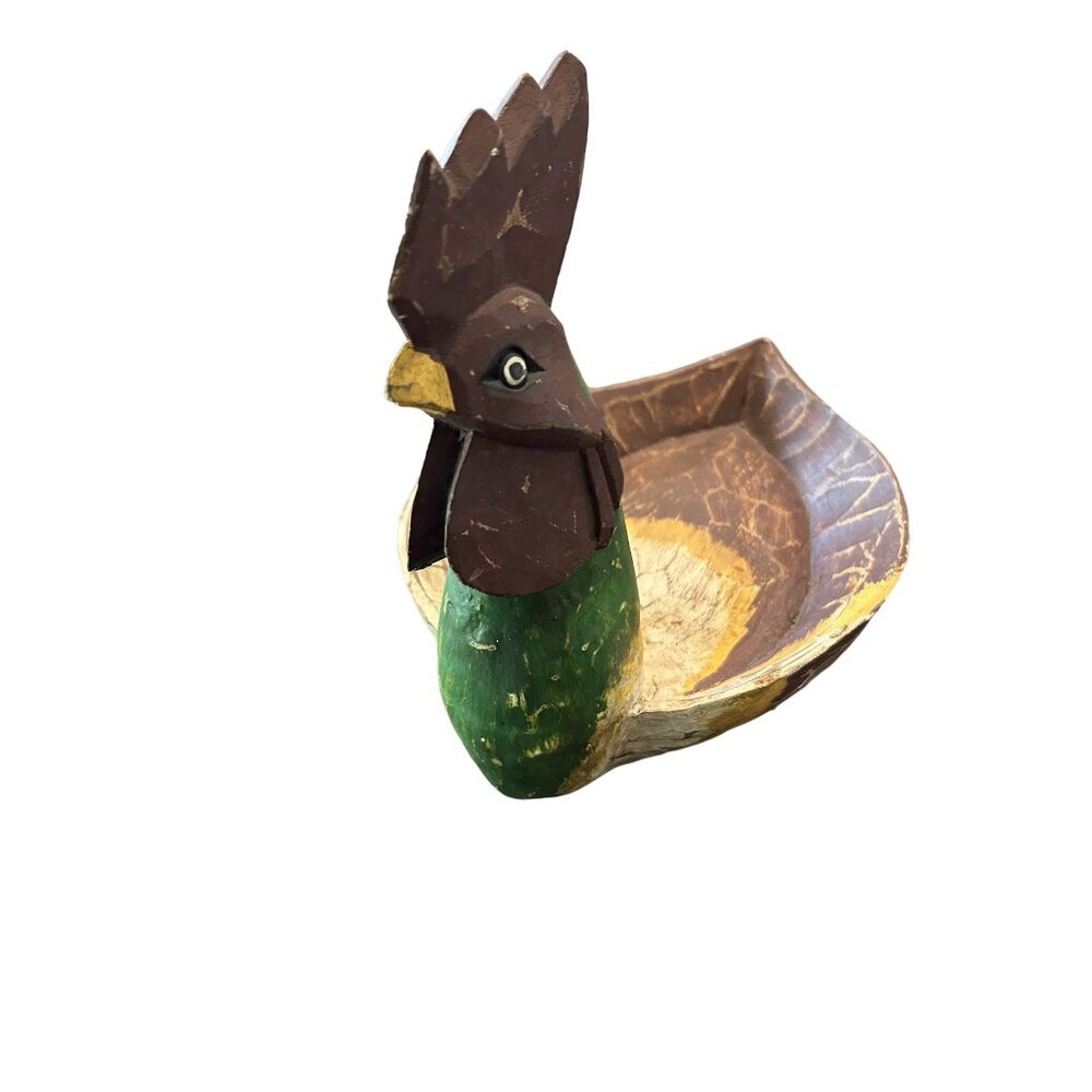 Handcrafted Wooden Rooster-Shaped Bowl Decorative Folk Art Made in Indonesia